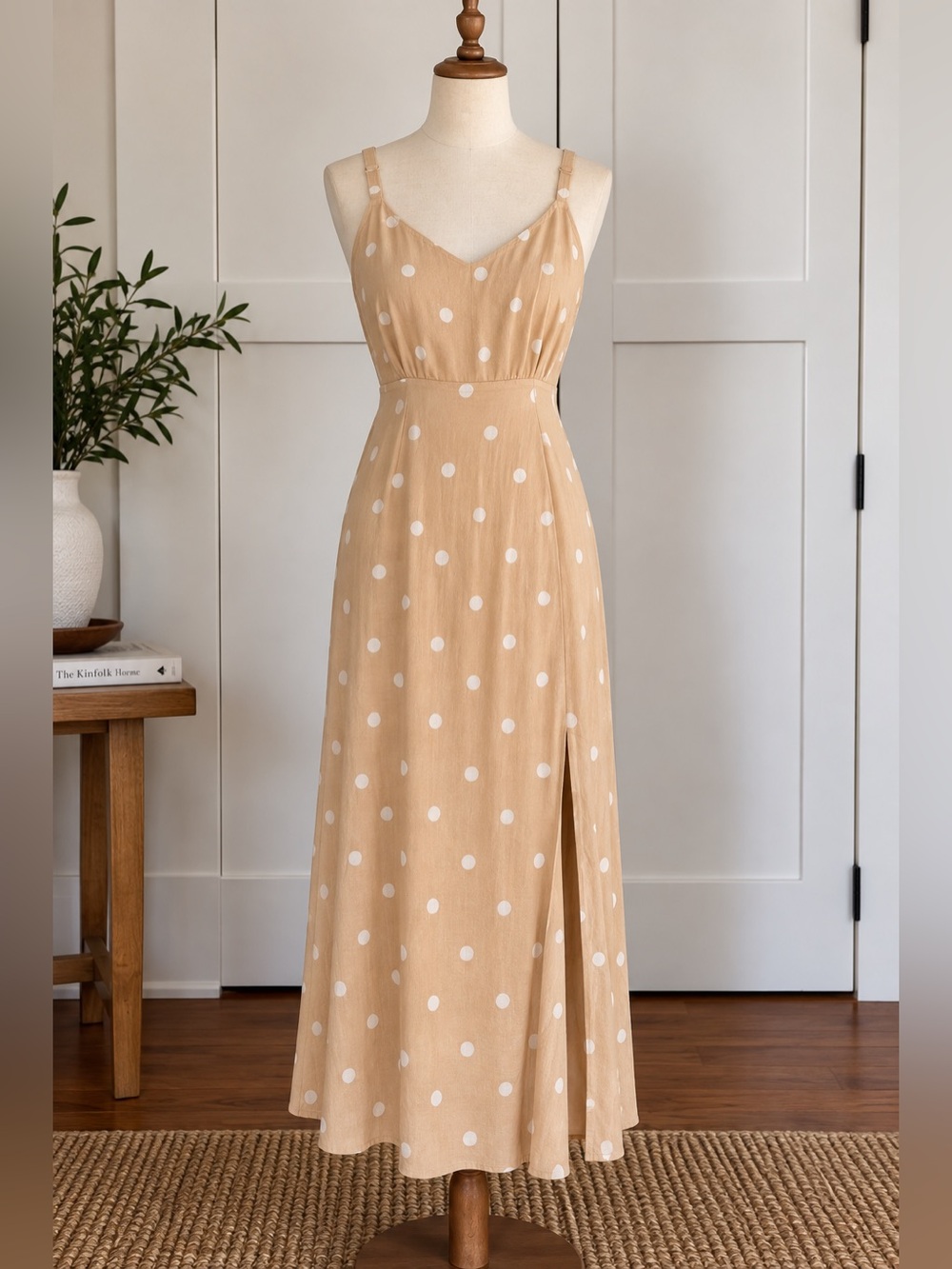 Old Navy tan & white polka dot midi dress